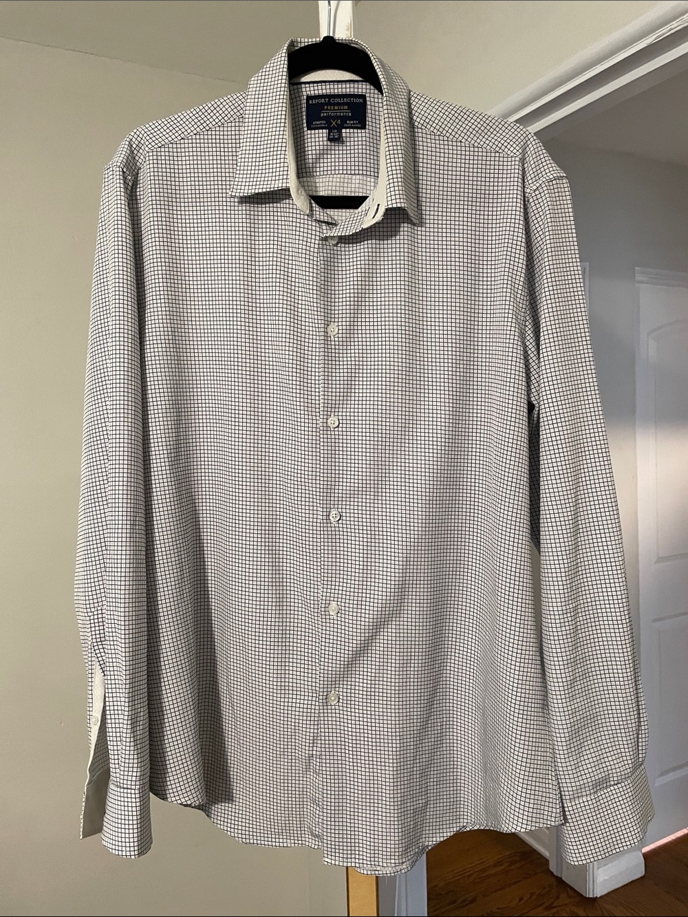 Report Collection Men's White and Gray Slim Fit Micro Check Dress Shirt